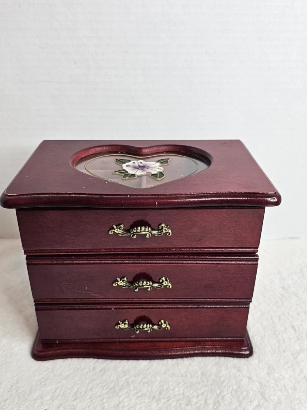 Vintage Jewelry Box With Wooden Heart Top Jewelry Box Organizer in Dark Cherry